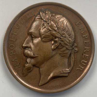 掌中浮雕-藏着的欧洲第047场 - 法国拿破仑三世头像农业铜章，蜜蜂边铭，50mm