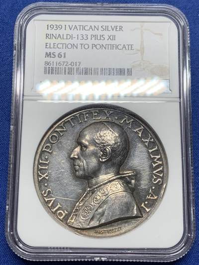 《竞宝斋》第450场 周日，周一，周二  3场连拍 （全场包邮，欢迎送拍） - NGC MS61 梵蒂冈1939教皇选举银章 加厚盒
