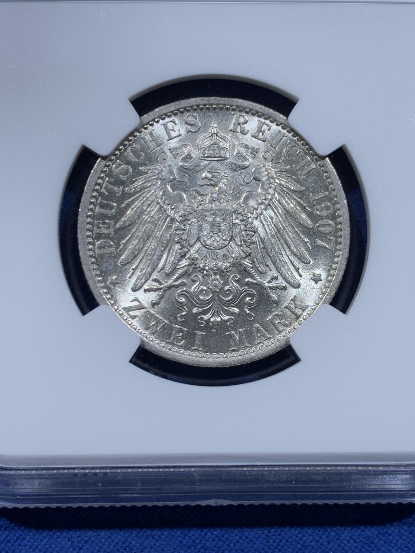 《竞宝斋》第450场 周日，周一，周二  3场连拍 （全场包邮，欢迎送拍） NGC MS62 德国 1907年 威廉二世皇帝 2马克 银币