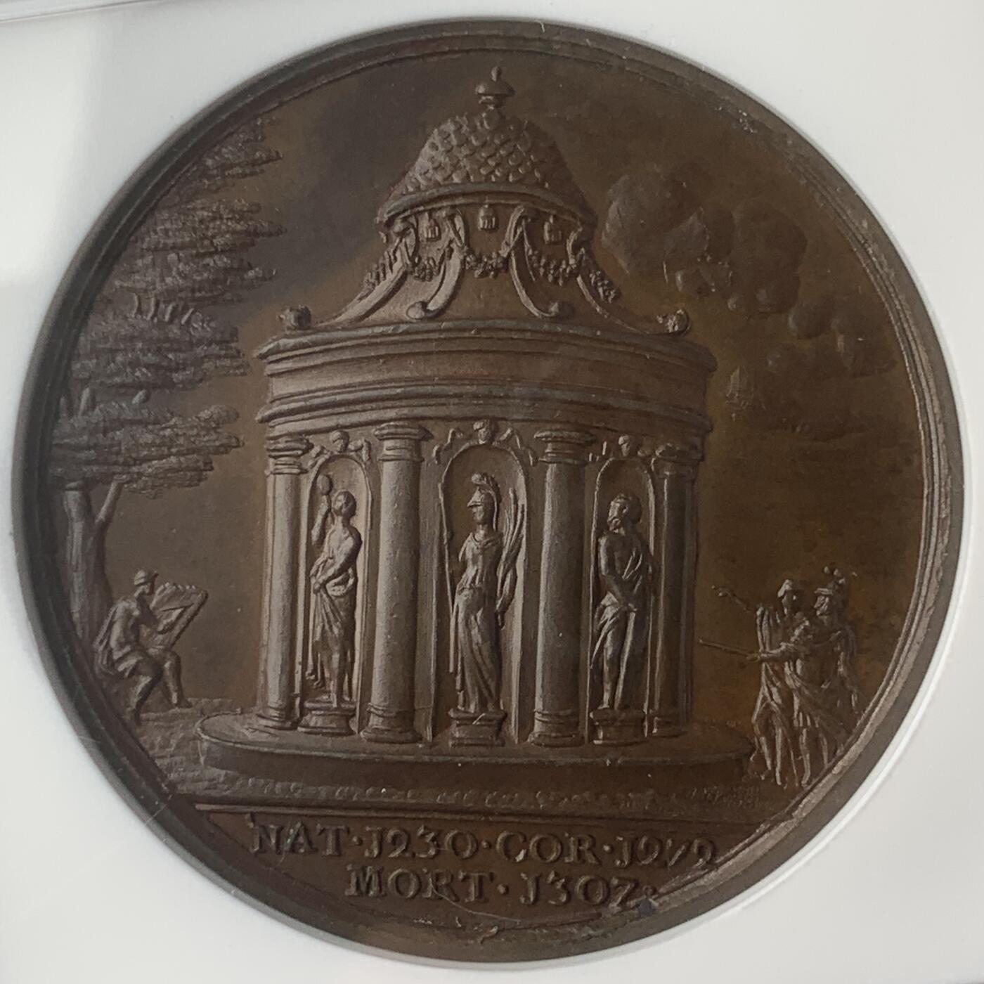 掌中浮雕-藏着的欧洲第047场 NGC MS64 : Dassier英王系列章之爱德华一世纪念铜章，40mm