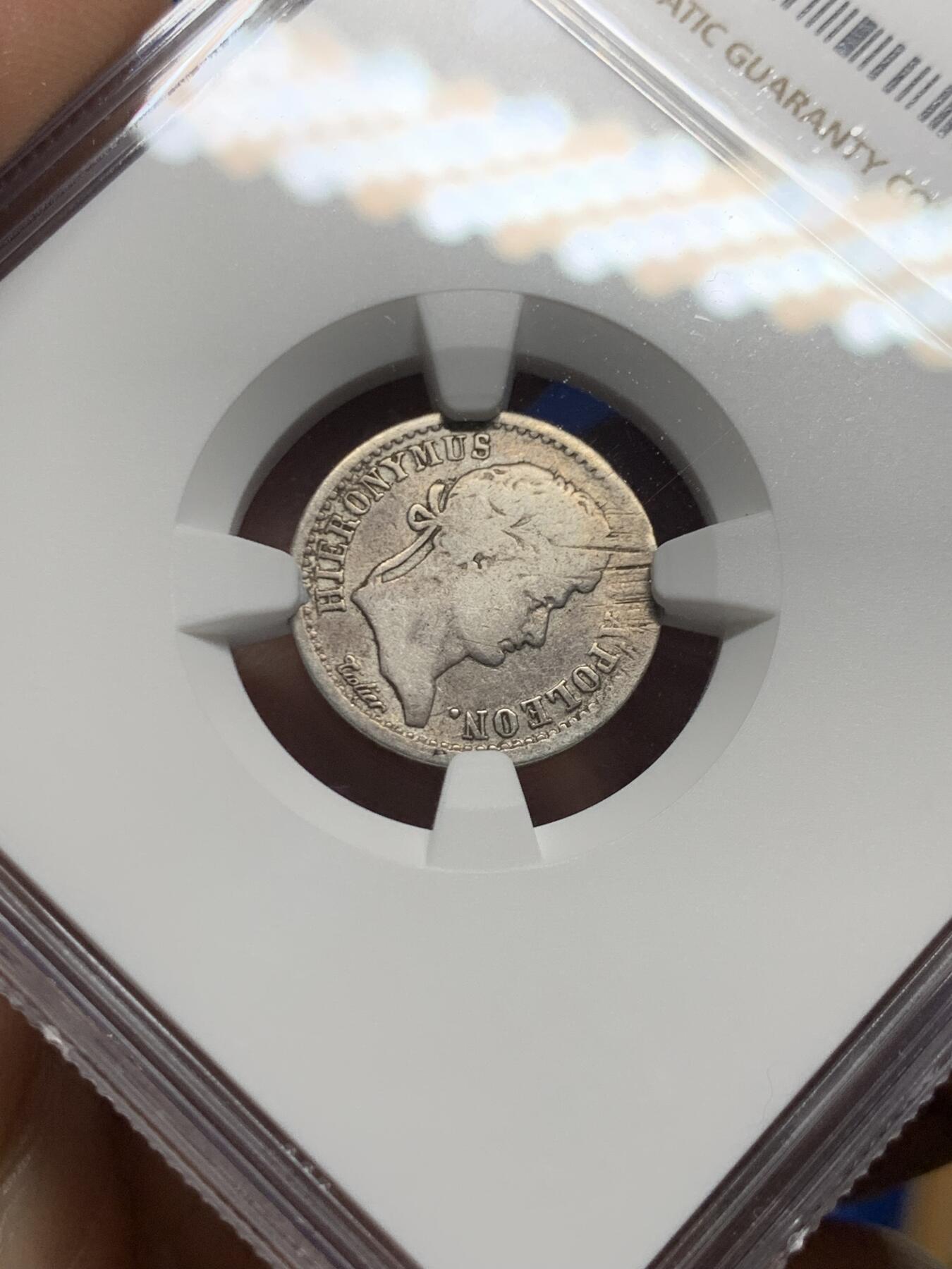 《竞宝斋》第450场 周日，周一，周二  3场连拍 （全场包邮，欢迎送拍） NGC VFD 德国威斯特伐利亚王国 1808年-J版 半法郎 银币 拿破仑于1807年为其幼弟热罗姆建立的王国 仅存在6年 细节不错 传世包浆 少见面值 好品书价极高 稀缺品种