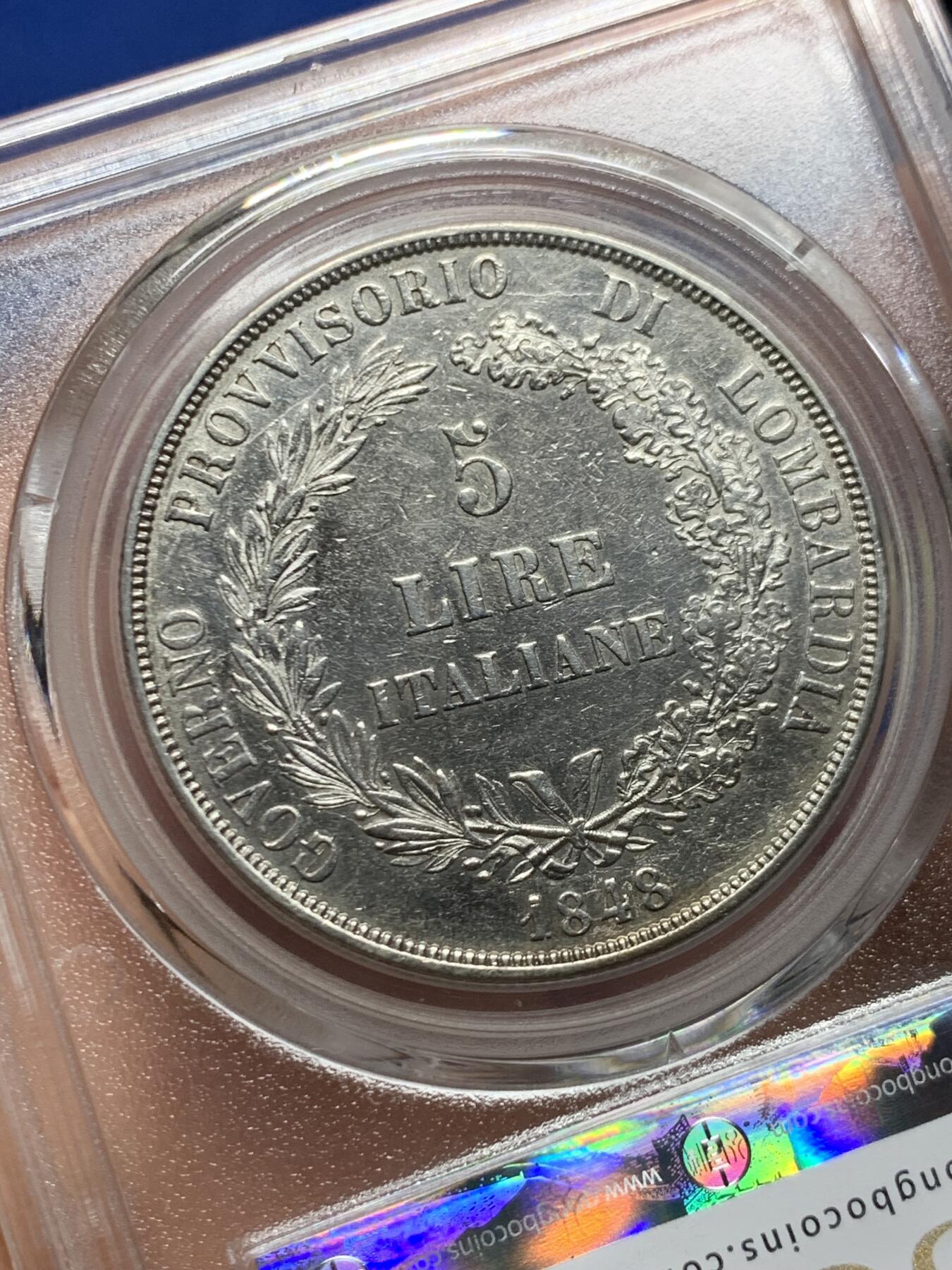 《竞宝斋》第450场 周日，周一，周二  3场连拍 （全场包邮，欢迎送拍） 公博 XF02 意大利 威尼斯革命政府 1848年 5里拉大银币 图案精美 短暂政权的少见品种