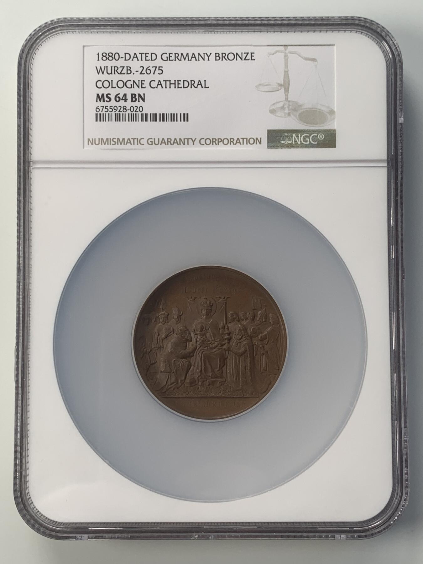 掌中浮雕-藏着的欧洲第047场 NGC MS64 : 1880年德国科隆大教堂竣工铜章，正面图案为耶稣诞生和东方三博士礼拜，50mm