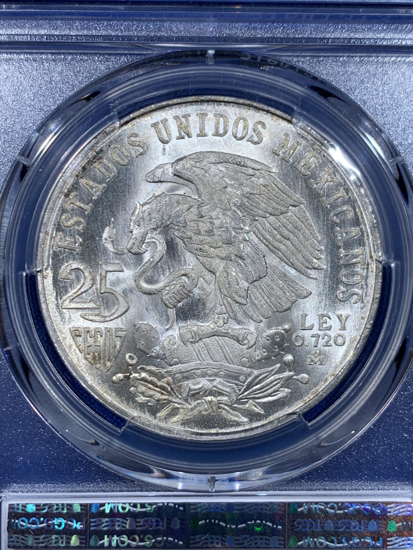 《竞宝斋》第450场 周日，周一，周二  3场连拍 （全场包邮，欢迎送拍） PCGS MS67 墨西哥1968年25比索 奥运纪念，经典品种，卷拆品高分，两面爆光，赏心悦目，适合收藏