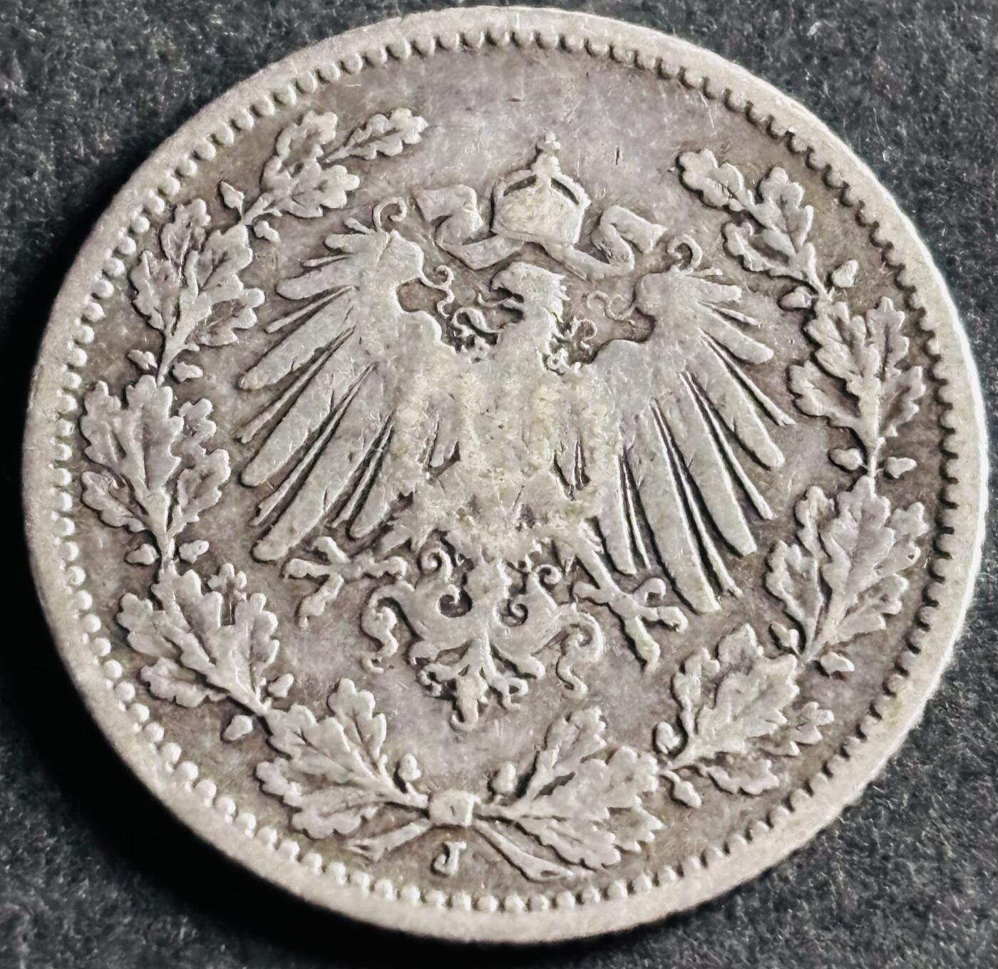 文馨钱币收藏第 286 场，圣诞节专场【 长期接收代拍品低至 0 佣金】 1905 年德意志帝国 1/2 马克银币 J 厂 900 银，首发版，汉堡造币厂