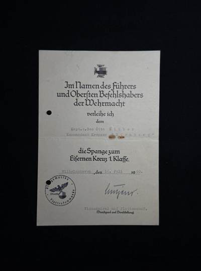 欢庆元旦！戎马世界章牌大赏第109期元旦大拍 - 德国一级铁十字勋饰证书，由海军上将吕特晏斯（RK）（俾斯麦丹麦海战指挥官）亲笔签署，授予海军少将奥托.克虏伯，其历任纽伦堡号巡洋舰舰长北海舰队总司令、德意志号战列舰火炮第一军官，是海军第一批dk获得者，极其稀少，附其百科介绍与其子回忆录
