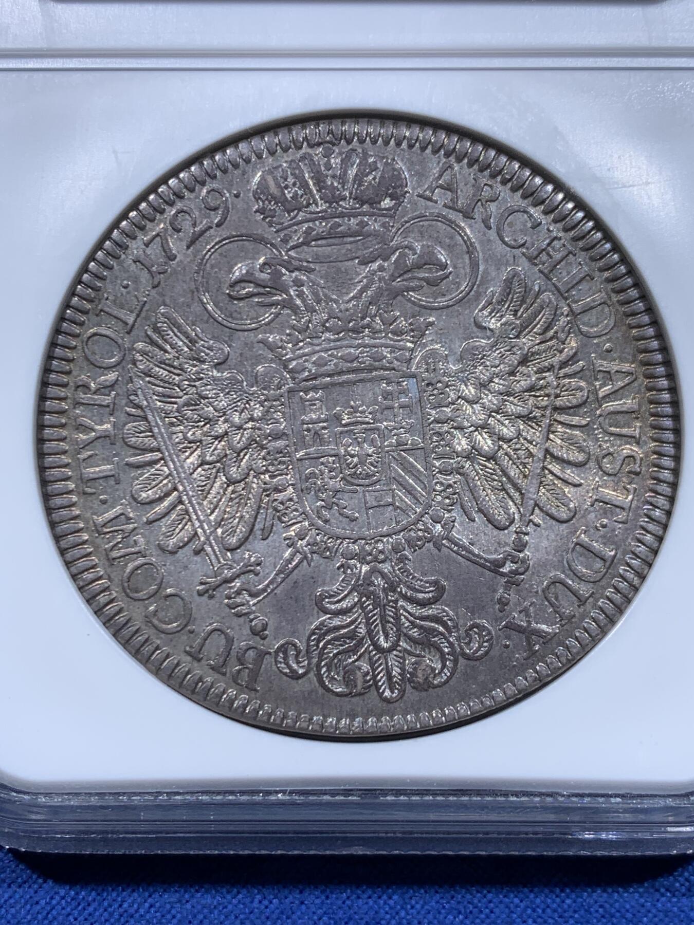 《竞宝斋》第450场 周日，周一，周二  3场连拍 （全场包邮，欢迎送拍） 冠军分 NGC MS63 神圣罗马帝国奥地利1729年 卡尔六世1泰勒大银币 光度细节都很不错