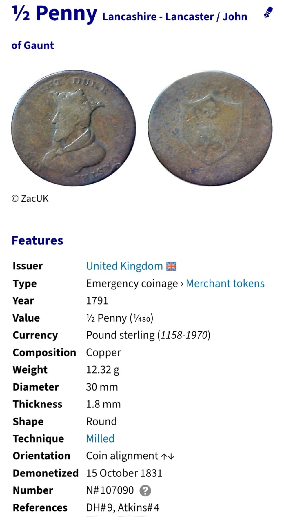 2025年第一百四十四场(总第一百七十场）品种丰富英国一线回流散币年末特拍场第一场(免佣金) 英国🇬🇧1191年1/2便士代币(兰开夏郡–兰开斯特代币，根特的约翰头像，他是爱德华三世四子、亨利五世的父亲)