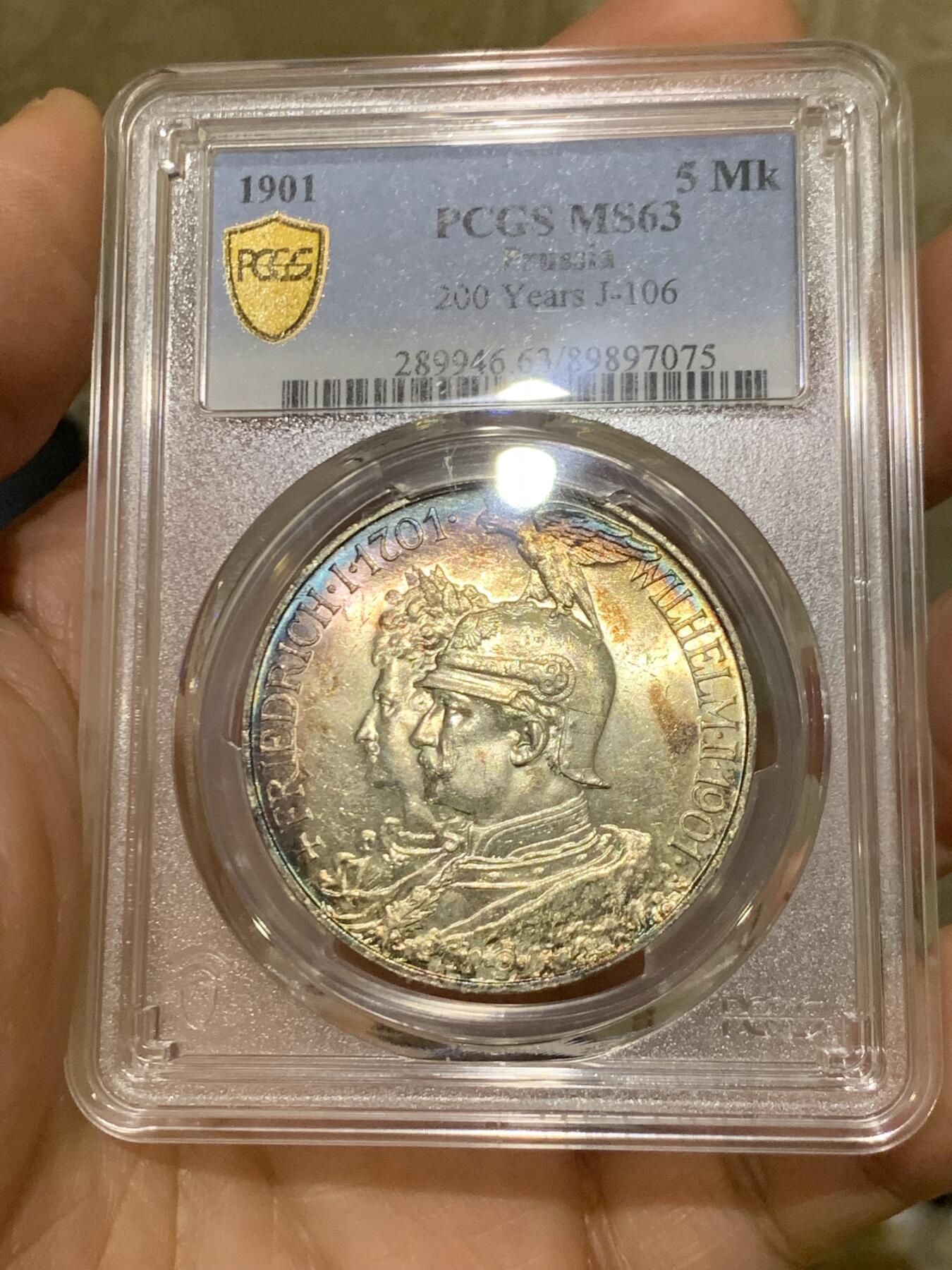 《竞宝斋》第450场 周日，周一，周二  3场连拍 （全场包邮，欢迎送拍） PCGS MS63 德国1901年普鲁士建国200周年纪念5马克大银币 边缘包浆 性价比