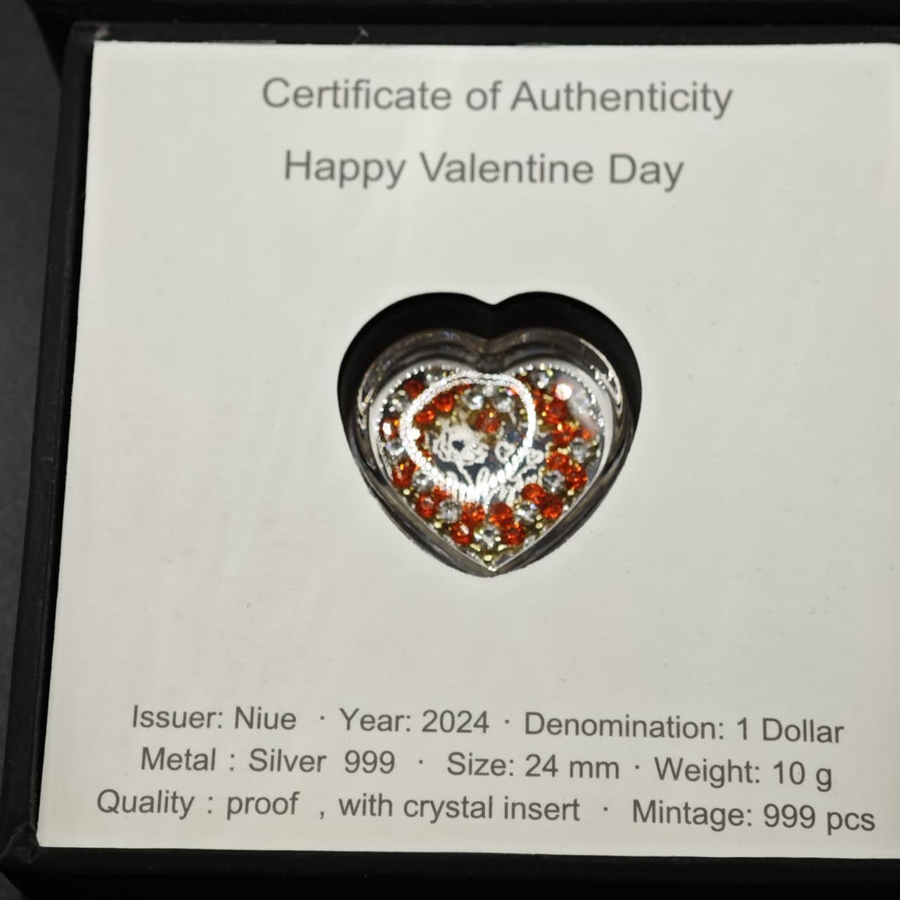 【淘币小摊】实时拍第八百三十六拍   银币套币场   满百包邮可预留二周 每周一统一发货   （少见）2024年纽埃1元水晶镶嵌精制银币 情人节快乐 10克999银 发行量：999 盒证全