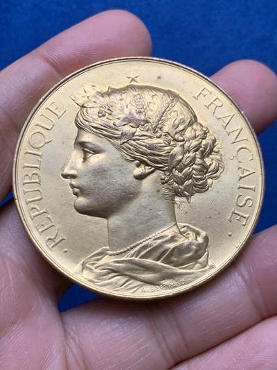 《竞宝斋》第450场 周日，周一，周二  3场连拍 （全场包邮，欢迎送拍） - 1895年波尔多国际比赛镀金铜章 63.4克 50.2mm 丰饶角铜标