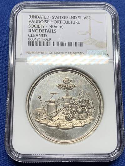 《竞宝斋》第450场 周日，周一，周二  3场连拍 （全场包邮，欢迎送拍） - NGC UNC  瑞士 沃州园艺博览会 银质纪念章 精美细节 加厚盒装