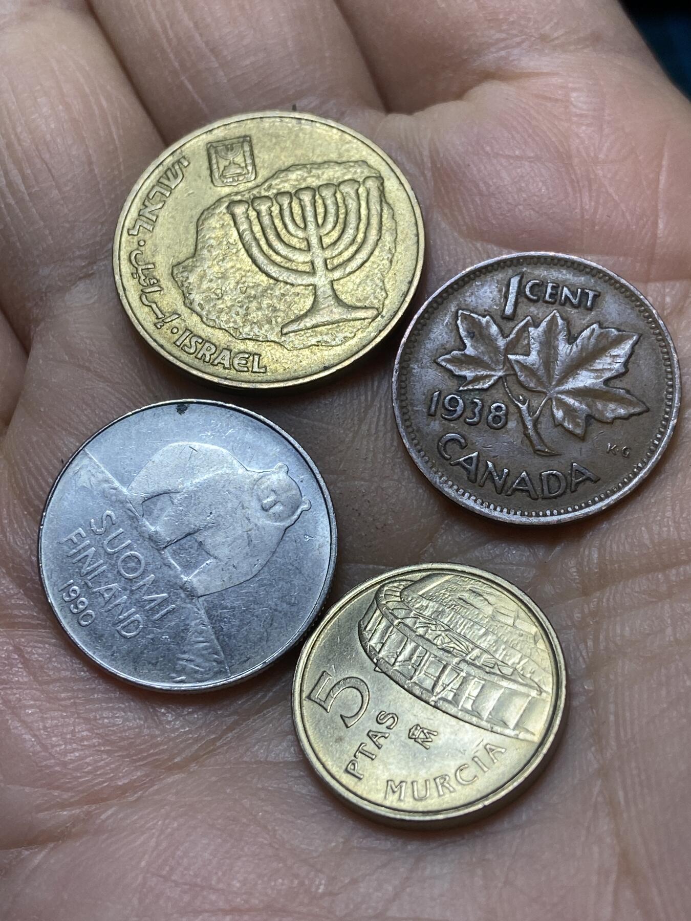 2025年第一百四十五场(总第一百七十一场）高品质英国一线回流散币年末特拍场第二场(免佣金) 散币4枚：以色列🇮🇱，加拿大🇨🇦1938年1分，西班牙🇪🇸1999年5比塞塔