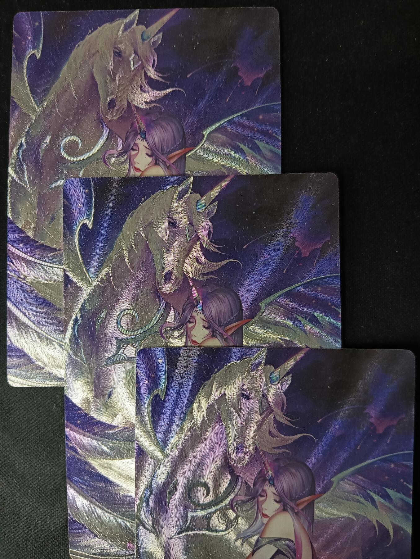 花开卡拍第53期（12月28号周日截拍，品控勿拍!!!拍品不寄存，运费5元，自制卡难免瑕疵，可能存在轻微撞角爆边等出厂瑕疵，品控介意勿拍！） 星宿文创 幻兽化灵-独角兽 半粗三渐变 3张