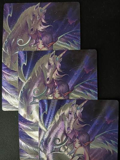 花开卡拍第53期（12月28号周日截拍，品控勿拍!!!拍品不寄存，运费5元，自制卡难免瑕疵，可能存在轻微撞角爆边等出厂瑕疵，品控介意勿拍！） - 星宿文创 幻兽化灵-独角兽 半粗三渐变 3张