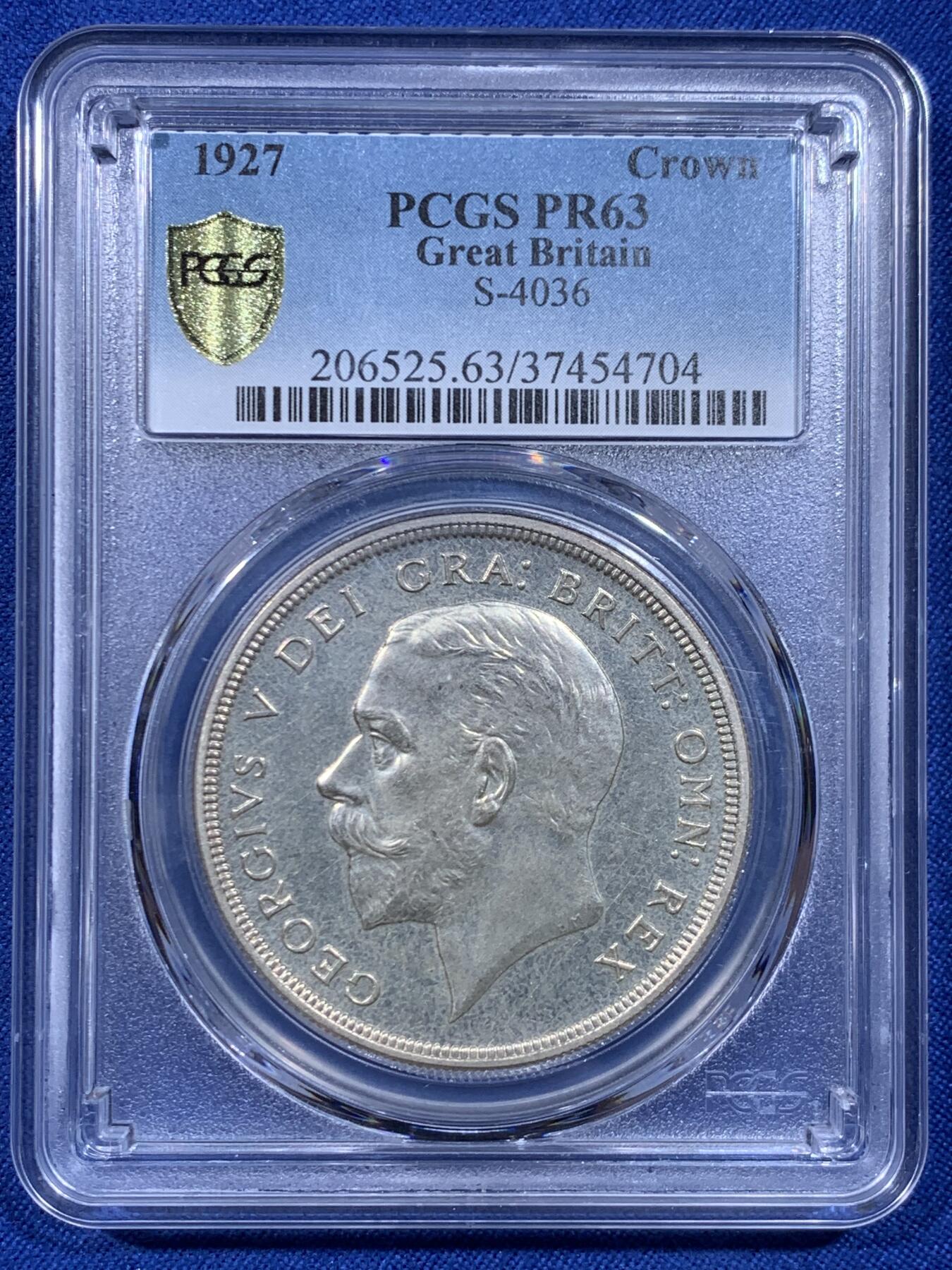 《竞宝斋》第450场 周日，周一，周二  3场连拍 （全场包邮，欢迎送拍） PCGS PR63 英国1927年乔治五世精制花冠1克朗银币 背面支撑有磕