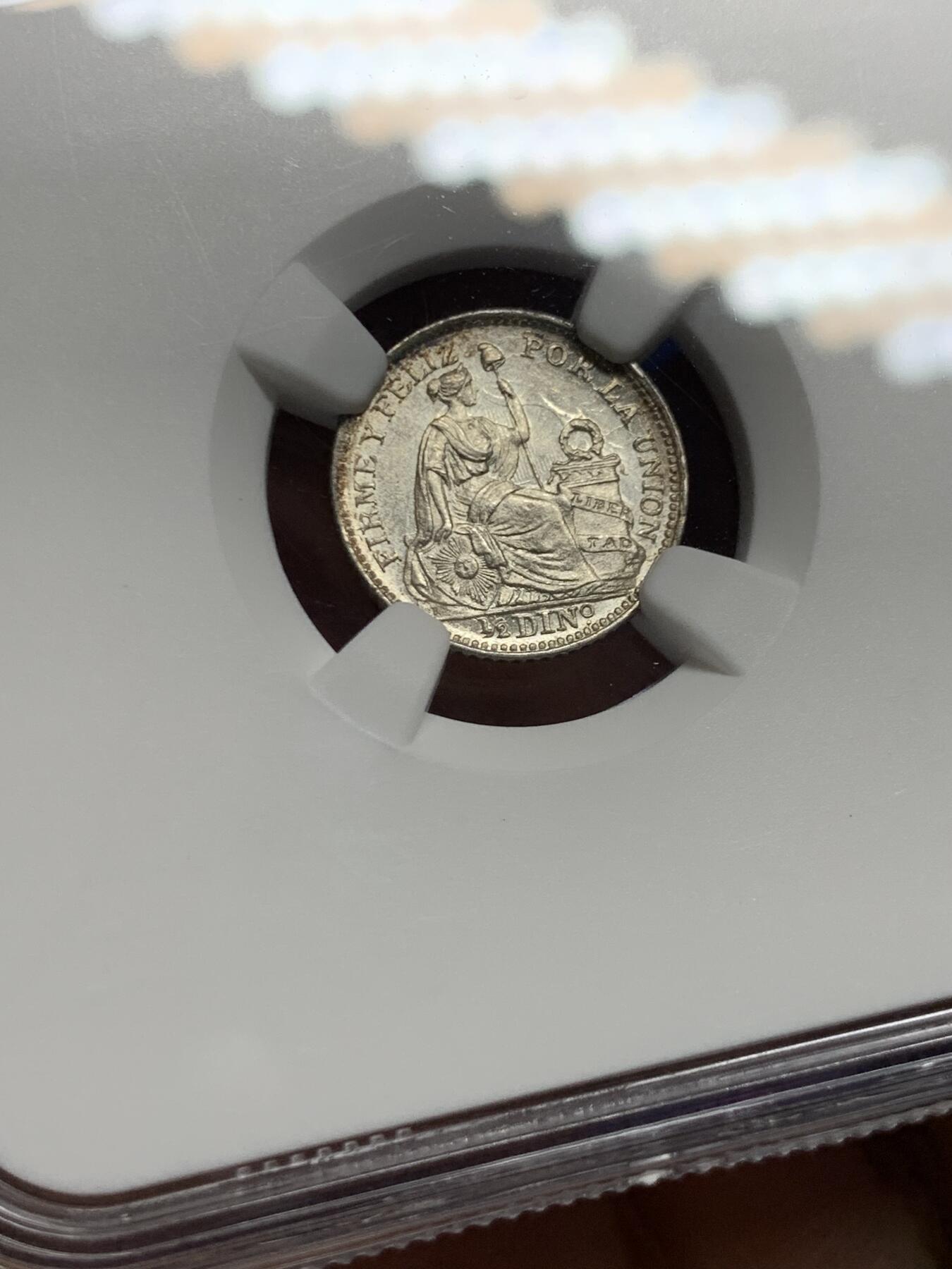 《竞宝斋》第450场 周日，周一，周二  3场连拍 （全场包邮，欢迎送拍） NGC MS63 秘鲁1910 1/2蒂娜罗银币，早期年份，值得购买的一枚