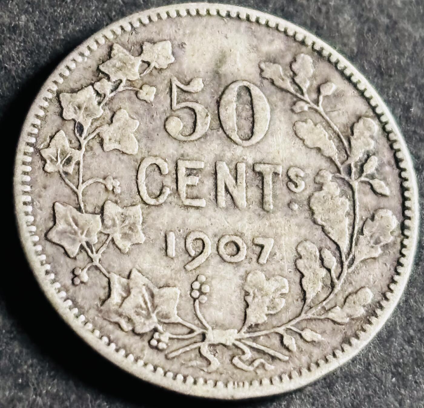 文馨钱币收藏第 286 场，圣诞节专场【 长期接收代拍品低至 0 佣金】 少见好品 1907 年 大胡子比利时利奥波德二世 50 分银币，第六版本首发年只发行三年，少见，835 高银