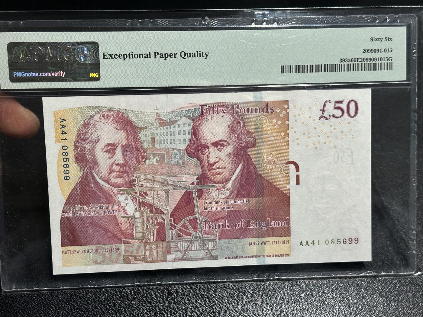 《外钞收藏家》第五百九十六期（精品大拍场）（本平台长期征集拍品、欢迎藏友们联系合作） 2010年英国F序列50镑 PMG66 靓号尾99（AA字冠，工业革命时期著名科学家瓦特与博尔顿）