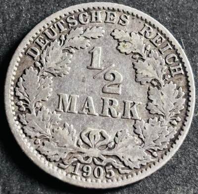 文馨钱币收藏第 286 场，圣诞节专场【 长期接收代拍品低至 0 佣金】 - 1905 年德意志帝国 1/2 马克银币 J 厂 900 银，首发版，汉堡造币厂