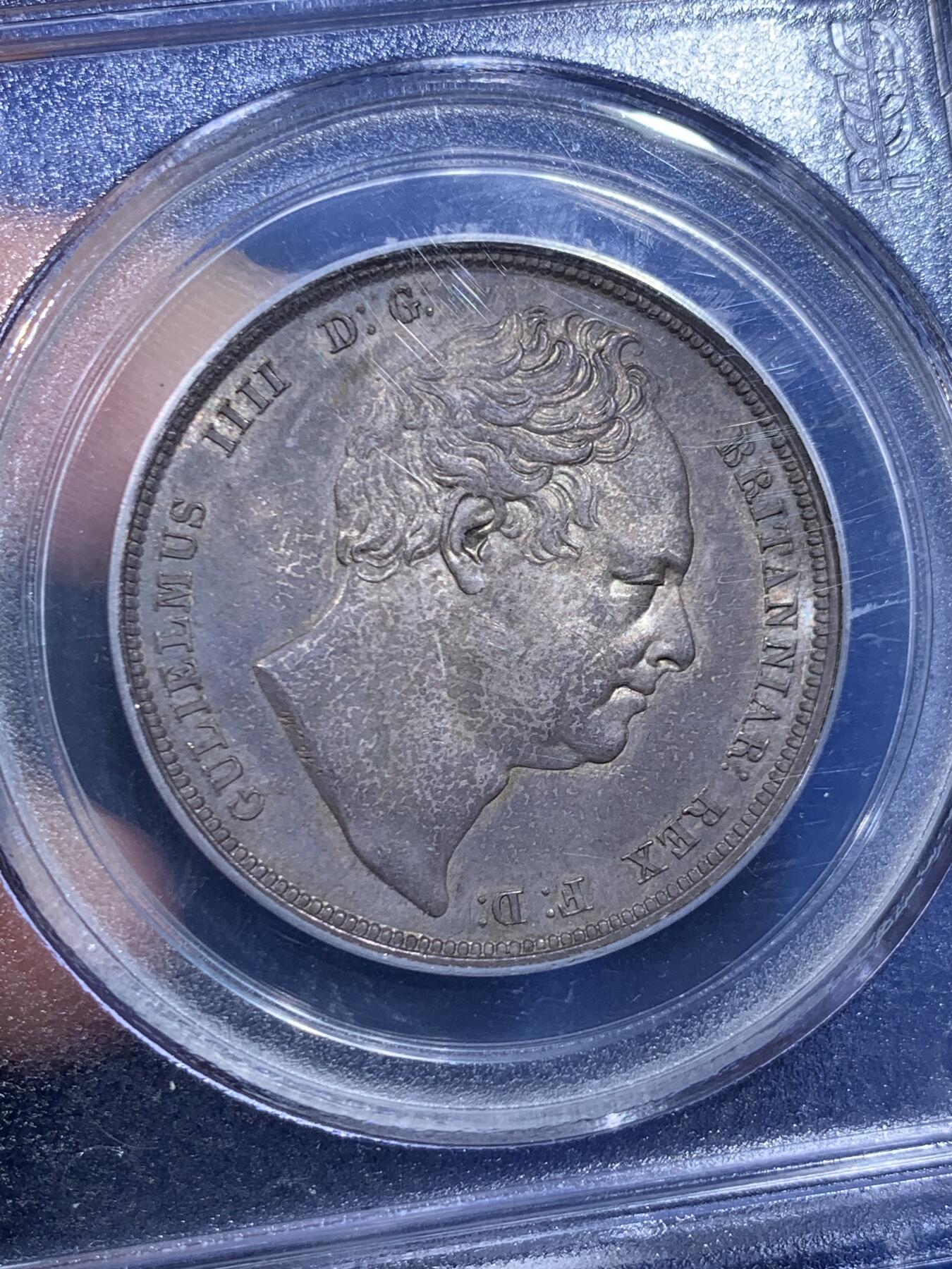 《竞宝斋》第450场 周日，周一，周二  3场连拍 （全场包邮，欢迎送拍） PCGS MS64 英国 1834年 威廉四世大窗帘半克朗银币 早期老盒子 五彩原味包浆 直接一步到位