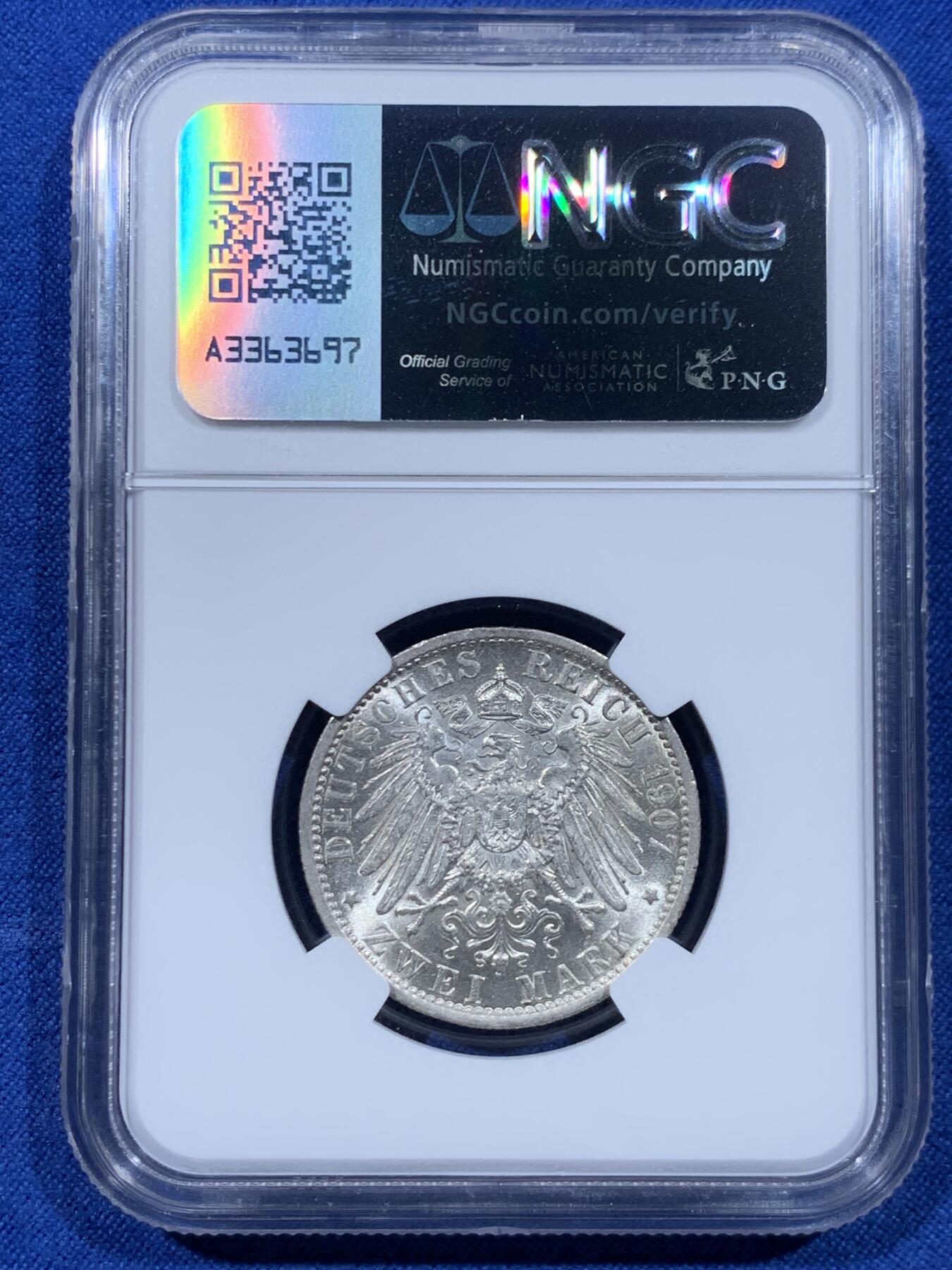 《竞宝斋》第450场 周日，周一，周二  3场连拍 （全场包邮，欢迎送拍） NGC MS62 德国 1907年 威廉二世皇帝 2马克 银币