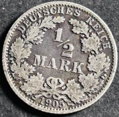 文馨钱币收藏第 286 场，圣诞节专场【 长期接收代拍品低至 0 佣金】 - 1905 年德意志帝国 1/2 马克银币 A 厂 900 银，首发版，柏林造