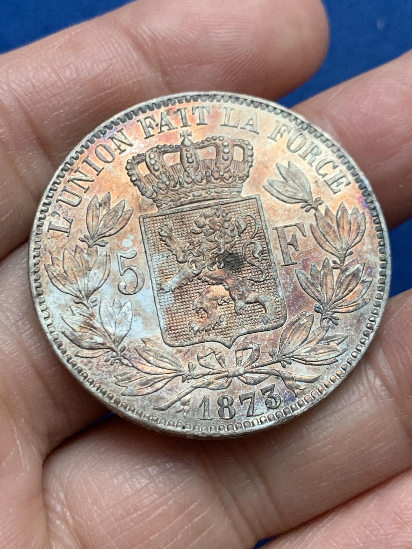 《竞宝斋》第450场 周日，周一，周二  3场连拍 （全场包邮，欢迎送拍） 比利时 1873年 利奥波德二世5法郎银币