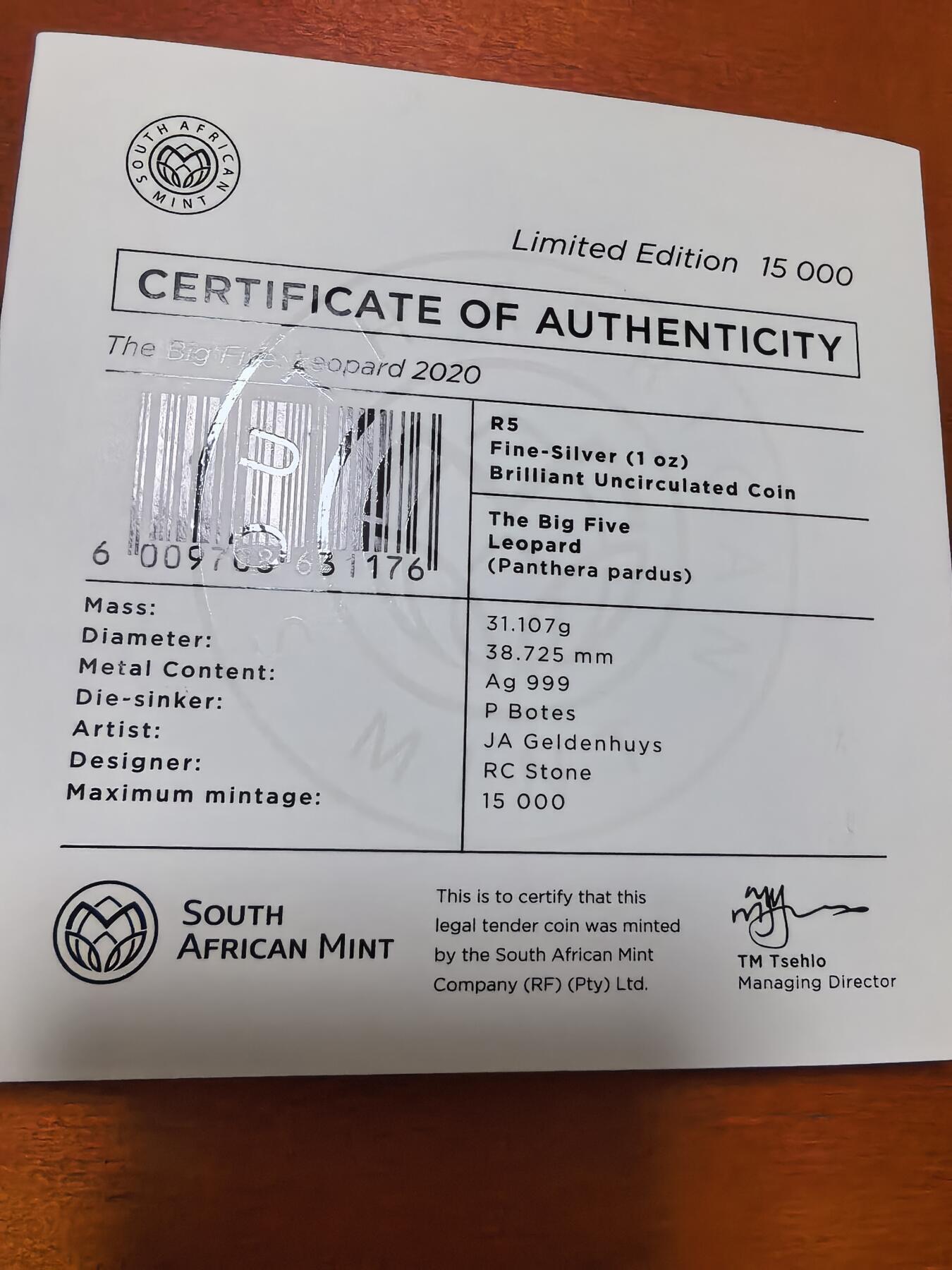 长老汇蛇年精选第八十六场拍卖 2020南非非洲五霸之一猎豹5朗德银币，1盎司999银，卡装，1.5万枚