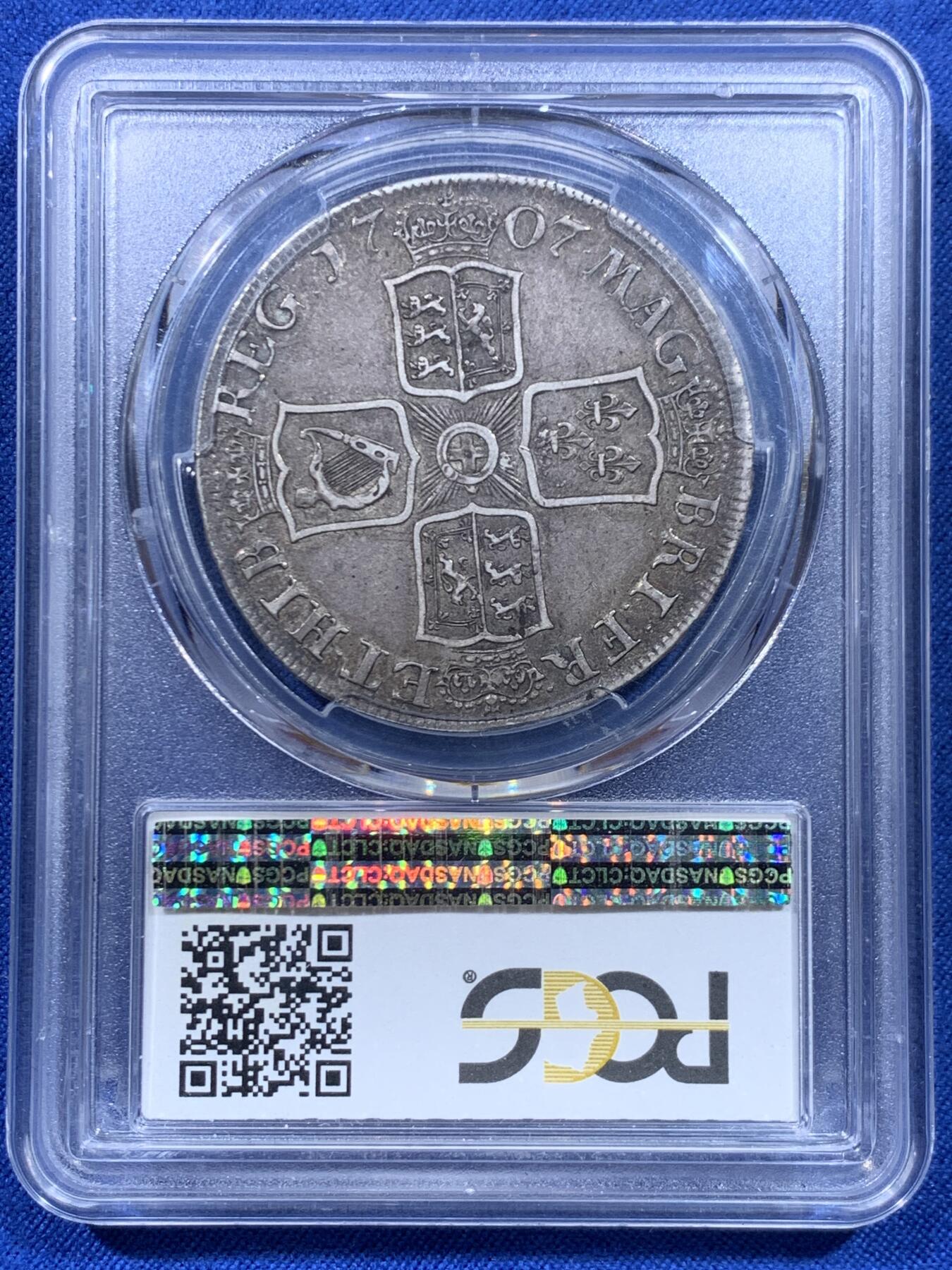 《竞宝斋》第450场 周日，周一，周二  3场连拍 （全场包邮，欢迎送拍） PCGS XF40 英国1707年安妮女王克朗银币