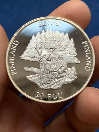 《竞宝斋》第450场 周日，周一，周二  3场连拍 （全场包邮，欢迎送拍） - 芬兰1994年拉普兰人与驯鹿20ECU纪念银币 25.1g 925银 少见品种