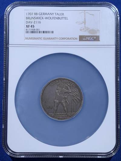 《竞宝斋》第450场 周日，周一，周二  3场连拍 （全场包邮，欢迎送拍） - NGC XF45 德意志邦国布伦瑞克-沃尔芬比特尔公国1707年安东尼·乌尔里希-野人泰勒银币 少见品 加大盒