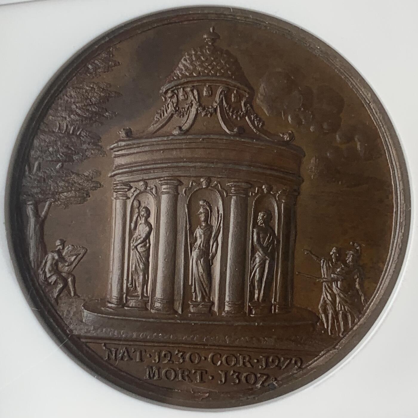 掌中浮雕-藏着的欧洲第047场 NGC MS64 : Dassier英王系列章之爱德华一世纪念铜章，40mm