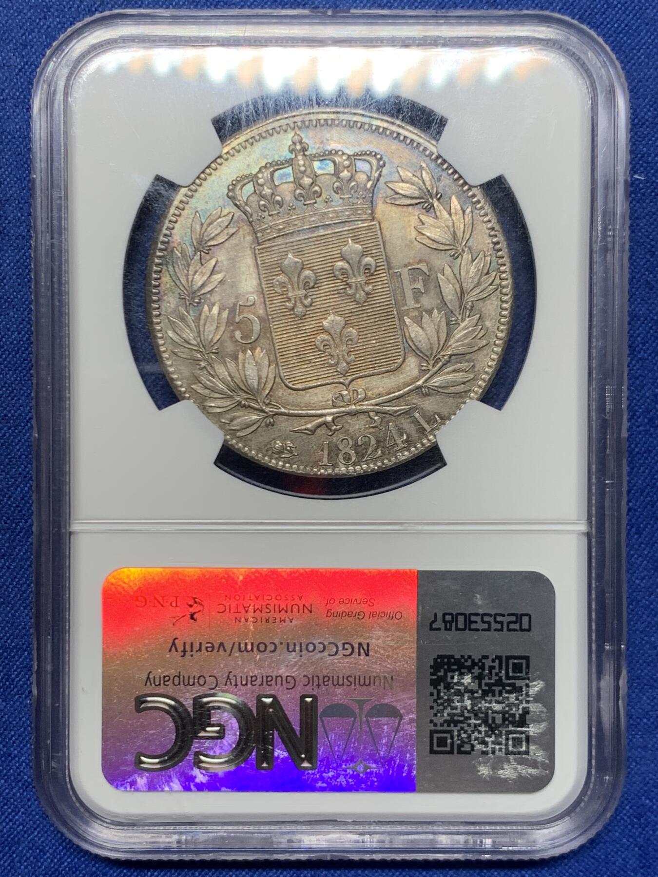 《竞宝斋》第450场 周日，周一，周二  3场连拍 （全场包邮，欢迎送拍） NGC MS63 法国1824年路易十八5法郎银币