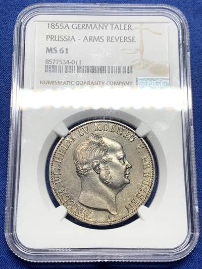《竞宝斋》第450场 周日，周一，周二  3场连拍 （全场包邮，欢迎送拍） - NGC MS61 德国普鲁士1855年威廉四世盾徽1泰勒银币