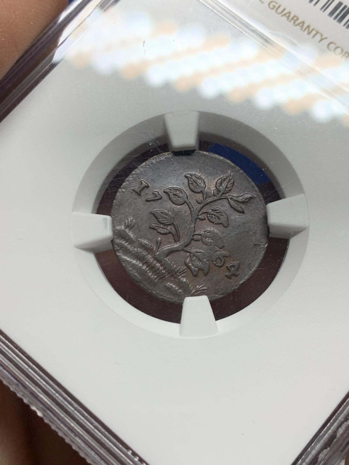 《竞宝斋》第450场 周日，周一，周二  3场连拍 （全场包邮，欢迎送拍） NGC AUD 荷属苏里南 1764年 1杜伊特 铜币 极美原铜光 相对少见的LONG GRASS版 仅单年发行 稀缺品种