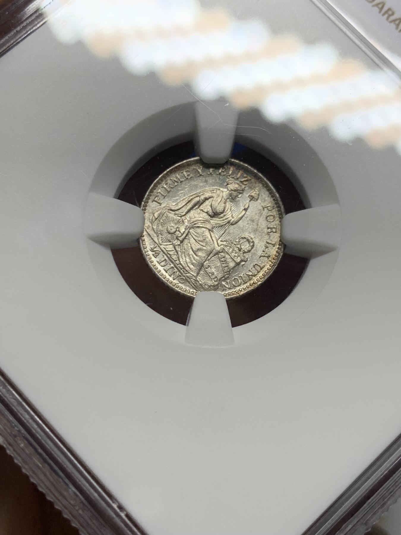 《竞宝斋》第450场 周日，周一，周二  3场连拍 （全场包邮，欢迎送拍） NGC MS63 秘鲁1910 1/2蒂娜罗银币，早期年份，值得购买的一枚