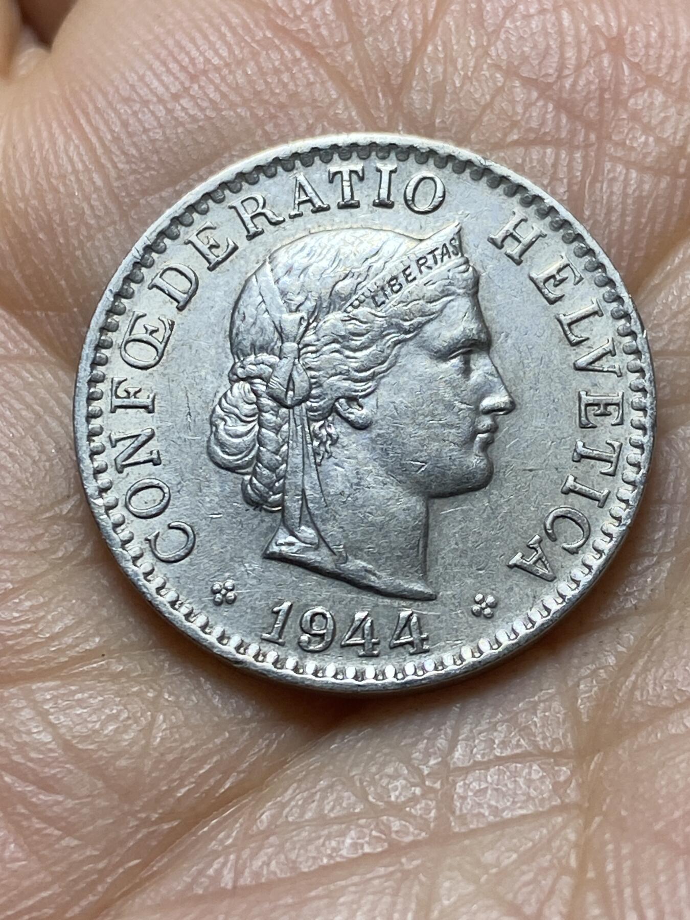 2025年第一百四十五场(总第一百七十一场）高品质英国一线回流散币年末特拍场第二场(免佣金) 少见年份–瑞士🇨🇭1944年20拉彭(第三版，B标伯尔尼造)