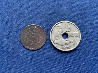 《竞宝斋》第450场 周日，周一，周二  3场连拍 （全场包邮，欢迎送拍） - 两枚一组 德国1876年F 20芬尼银币 早期好品 十分稀少 酱彩黑包浆 与 希腊 1912年 5雷普塔 镍币