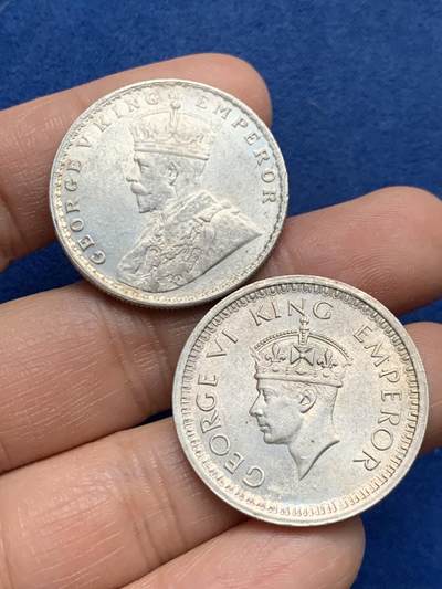 《竞宝斋》第450场 周日，周一，周二  3场连拍 （全场包邮，欢迎送拍） - 两枚一组 英属印度 1919年乔五+1945年乔六 1卢比银币