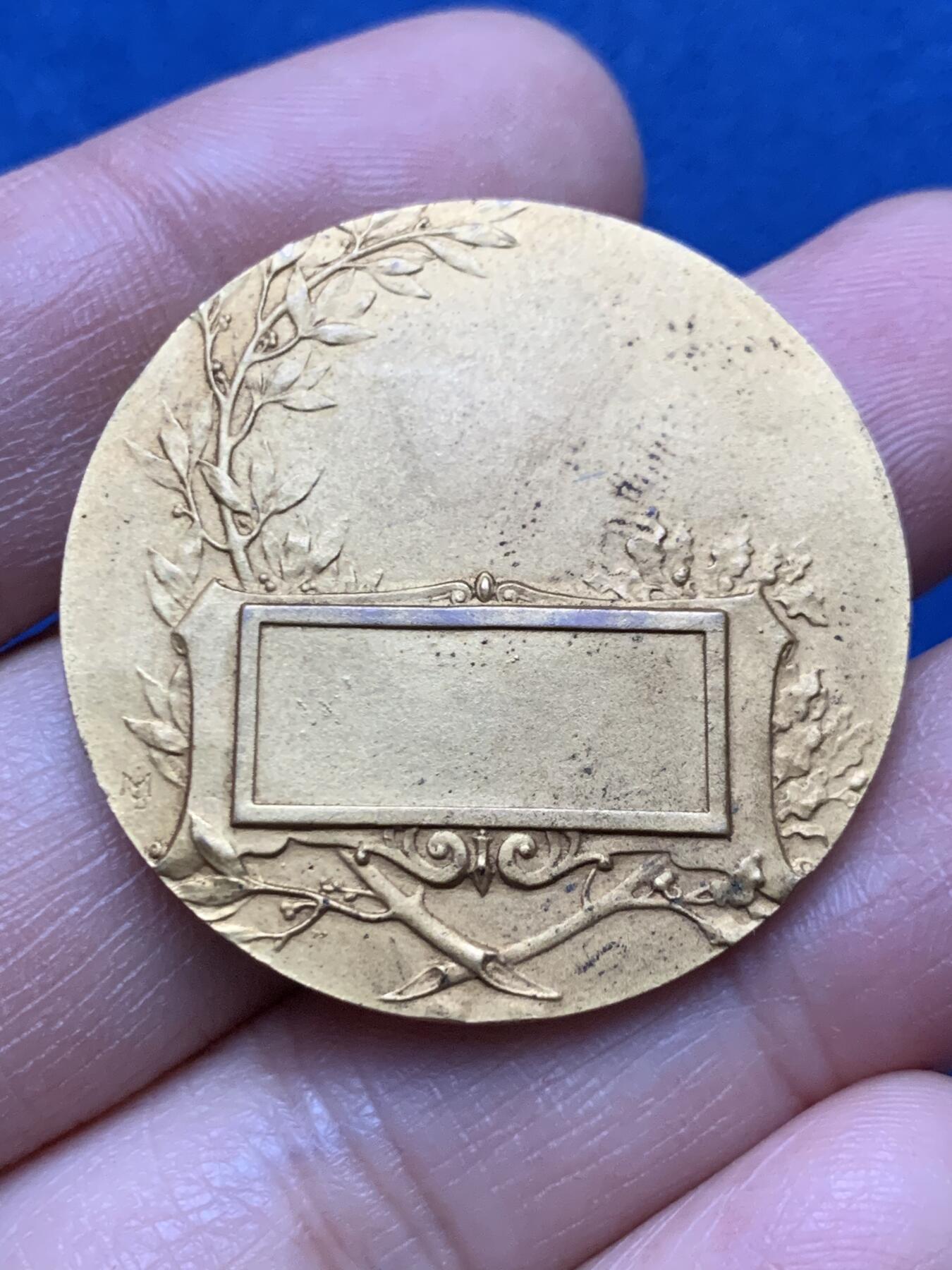 《竞宝斋》第450场 周日，周一，周二  3场连拍 （全场包邮，欢迎送拍） 法国游泳比赛镀金铜章 19.8克 35.6mm 背面无刻字 三角铜标