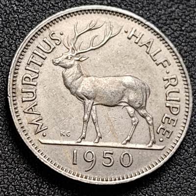 泉币菌-第152场-精品福利场 - 鹿 1950年英属毛里求斯 半卢比 1/2卢比镍币 乔治六世  23.6毫米 6克