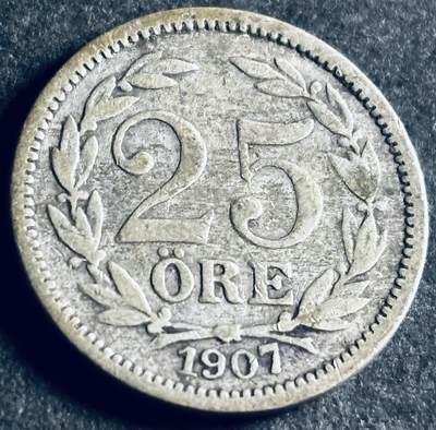 文馨钱币收藏第 286 场，圣诞节专场【 长期接收代拍品低至 0 佣金】 - 1907 年瑞典奥斯卡二世 25 欧尔银币，第三版本 600 银，独年份