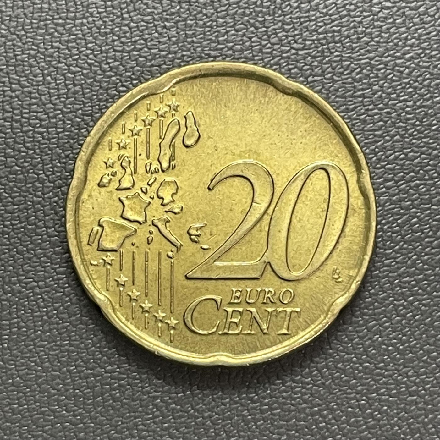 回流1222 意大利2002年20欧分 翁贝托·波丘尼的雕塑《空间的连续的独特形体》