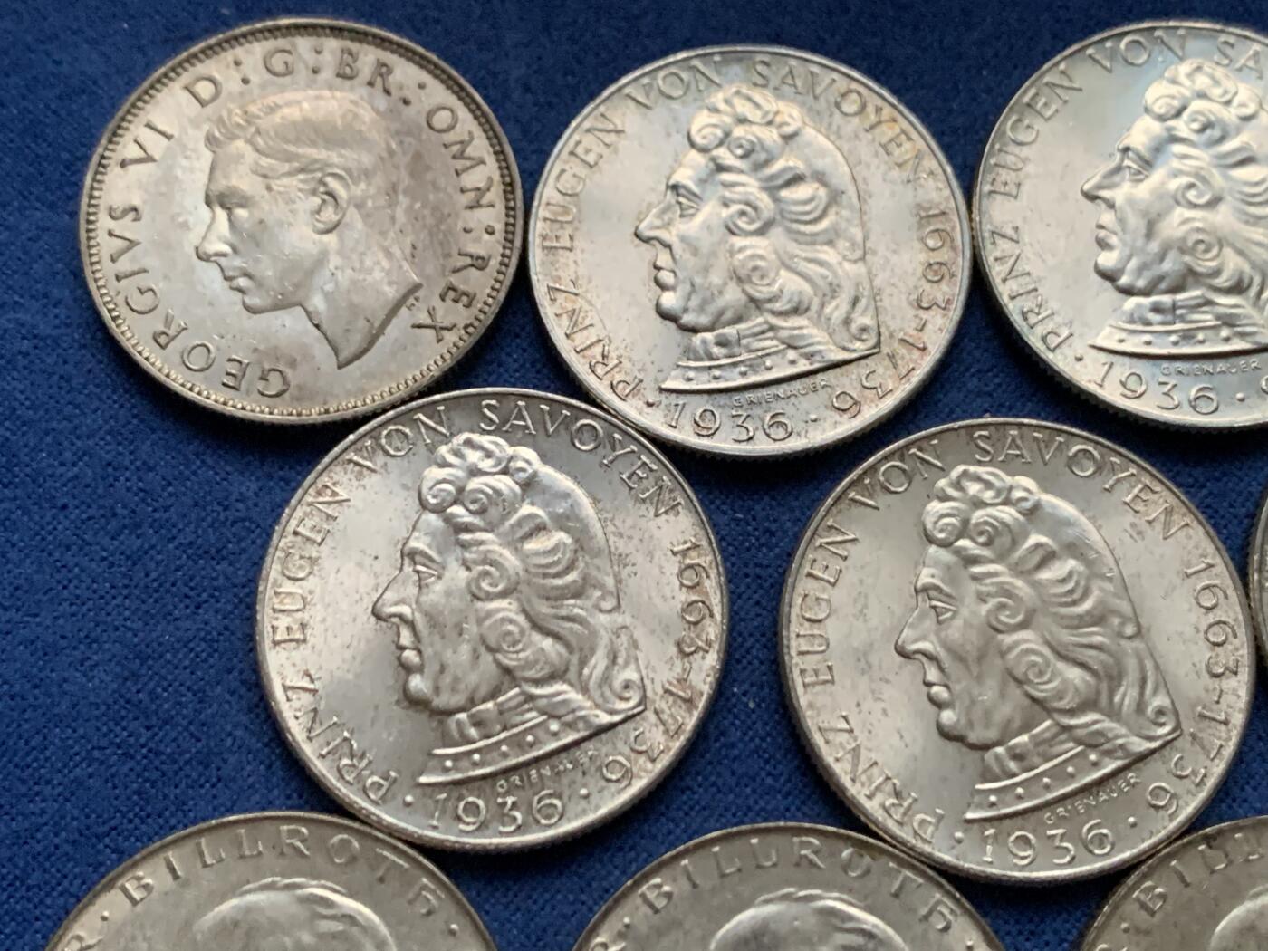 《竞宝斋》第450场 周日，周一，周二  3场连拍 （全场包邮，欢迎送拍） 12枚一组 奥地利萨沃伊王子尤金逝世200周年2先令银币 640银（8枚96克） + 奥地利1929年西奥多·比尔罗斯诞辰100周年2先令银币 640银（3枚36克）+ 英国1937年乔治六世2先令银币 500银（1枚11.3克）