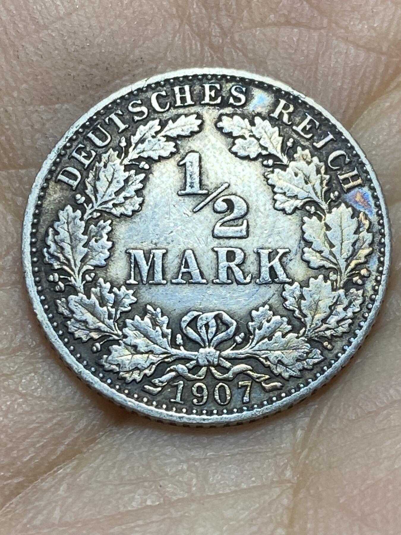 2025年第一百四十五场(总第一百七十一场）高品质英国一线回流散币年末特拍场第二场(免佣金) 德意志帝国1907年1/2马克银币(威廉二世时期，D标慕尼黑造，900高银)