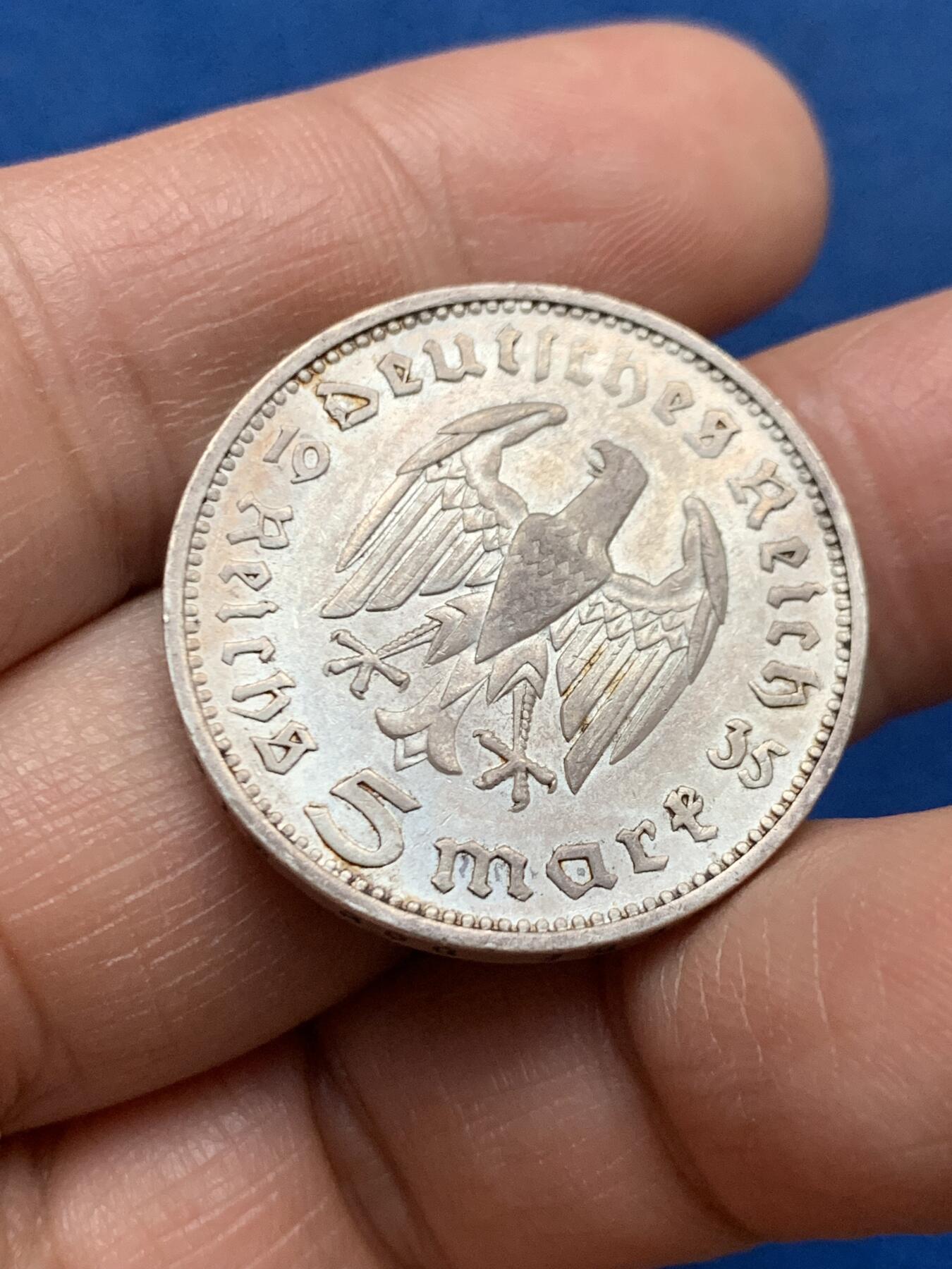 《竞宝斋》第450场 周日，周一，周二  3场连拍 （全场包邮，欢迎送拍） 德国 1935年 兴登堡 F版 5马克 银币