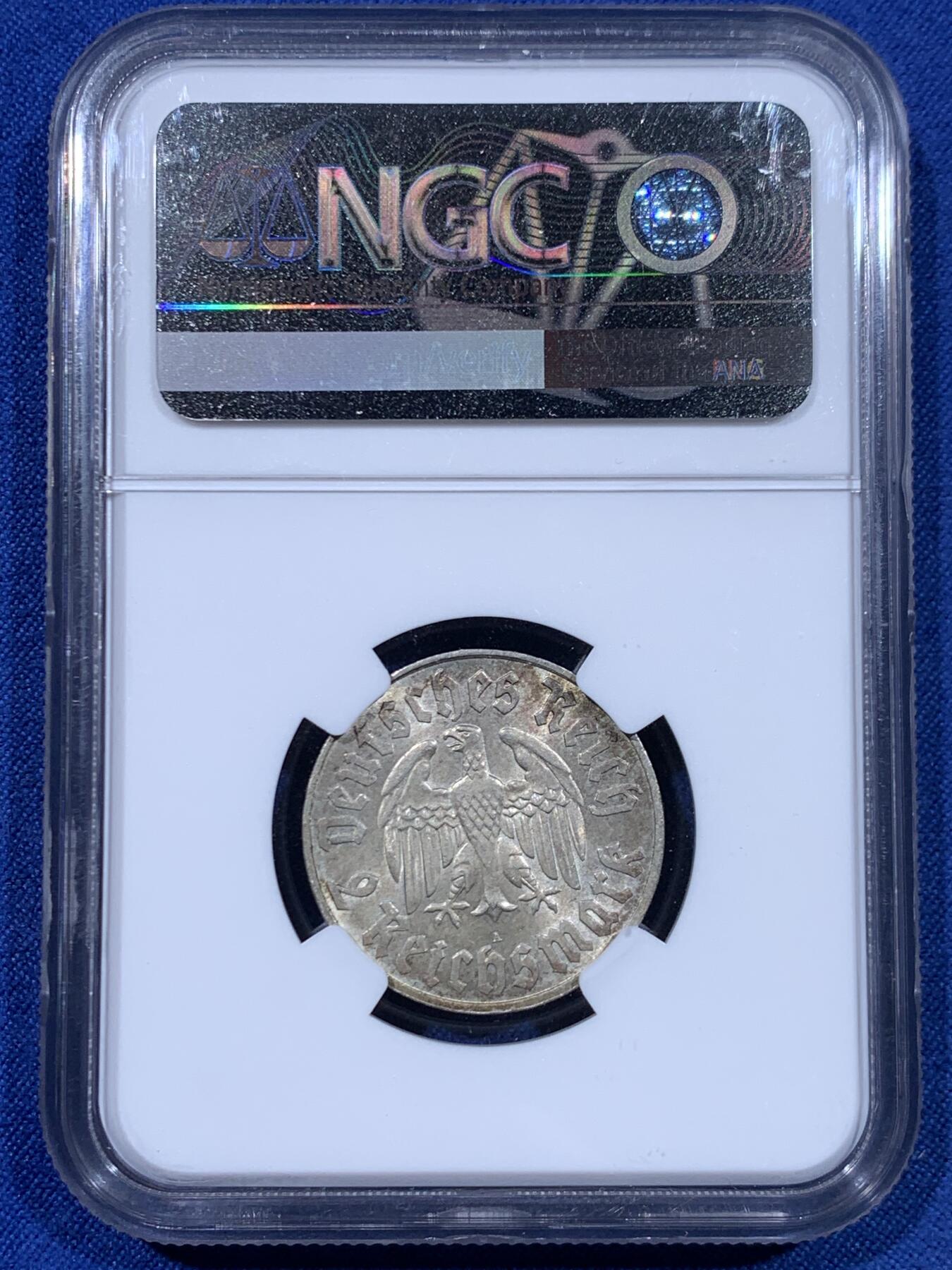 《竞宝斋》第450场 周日，周一，周二  3场连拍 （全场包邮，欢迎送拍） NGC MS63 德国1933年A 马丁.路德 2马克 银币