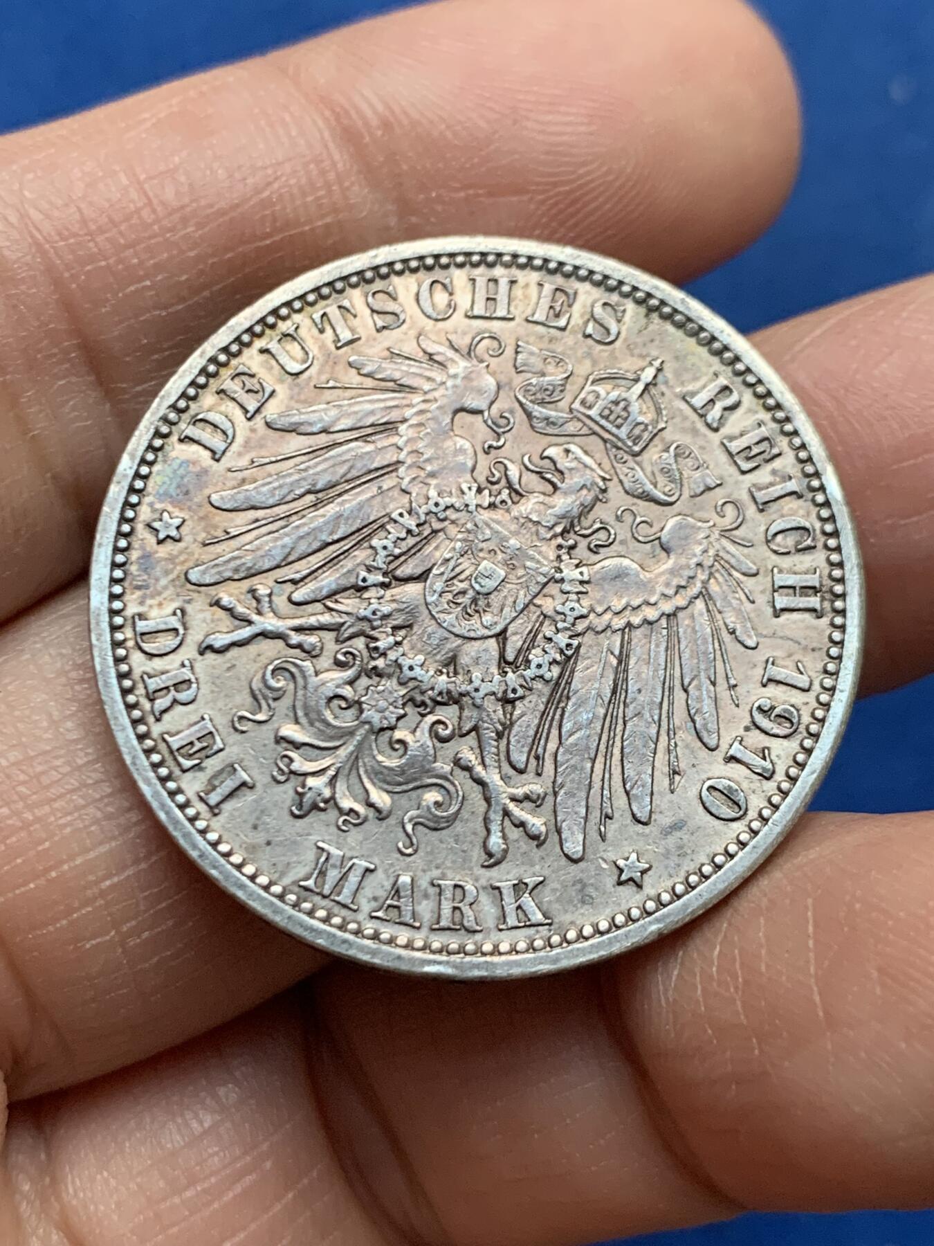 《竞宝斋》第450场 周日，周一，周二  3场连拍 （全场包邮，欢迎送拍） 德国普鲁士1910年威廉二世3马克银币