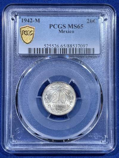 《竞宝斋》第450场 周日，周一，周二  3场连拍 （全场包邮，欢迎送拍） - PCGS MS65 墨西哥1942年20分银币